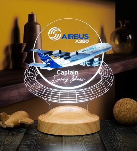 Airbus A380 Yolcu Uçağı Renkli Baskılı Kişiye Özel 3D Led Lamba, Uçak - Pilot Hediyesi 