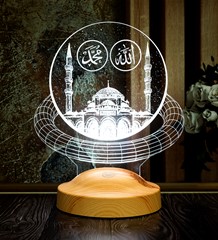 Dini Hediye, Allah Hz. Muhammed Yazılı Camii 3D Led Lamba, Allah Muhammed Hat Yazısı Masa Lambası