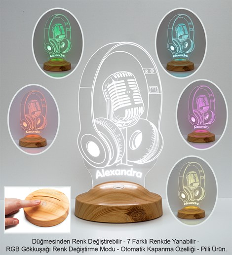 Dj - Müzisyen Hediyesi Kulaklık ve Mikrofon 3D Led Lamba Ses Sanatçısı, Solist Hediyesi,  Headset Gamer - Oyuncu  Hediyesi
