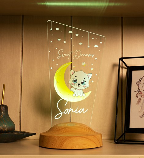 Kedili Hediye Çocuk Odası Aydınlatma Kız Bebek Gece Lambası, Kız Çocuk İçin Kişiselleştirilmiş Başucu Lambası, Sevimli Kedi Lambası, Kişiye Özel Oda Dekoru