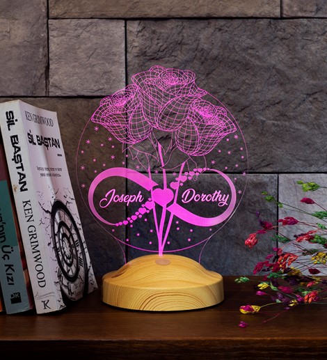 Kişiye Özel Güller Ve Sonsuzluk İşaretli hediye 3D Led Lamba Sevgiliye güllü Hediye