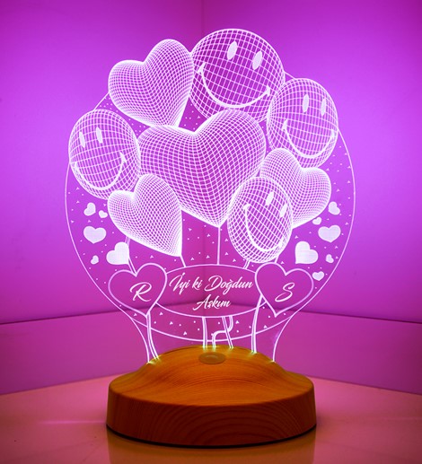 Kişiye Özel Sevgiliye, Eşe Hediye 3D Smiley Kalpler Küre Sevgililer Günü Hediyesi Led Lamba