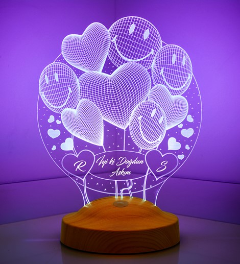 Kişiye Özel Sevgiliye, Eşe Hediye 3D Smiley Kalpler Küre Sevgililer Günü Hediyesi Led Lamba