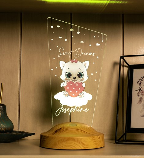 Pembe Kitty Kedicik Bebek Odası Gece Lambası Dekoru, İsimli Çocuklar İçin Şirin Kedili Hediye, Kız Çocuk Odasına Özel Hediye, Tatlı Kedi Tasarımlı Led Lamba