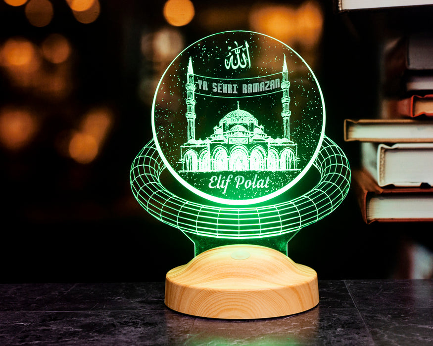 Camii ve Mahya Yazılı 3D LED Lamba – Kişiye Özel Ramazan Hediyesi
