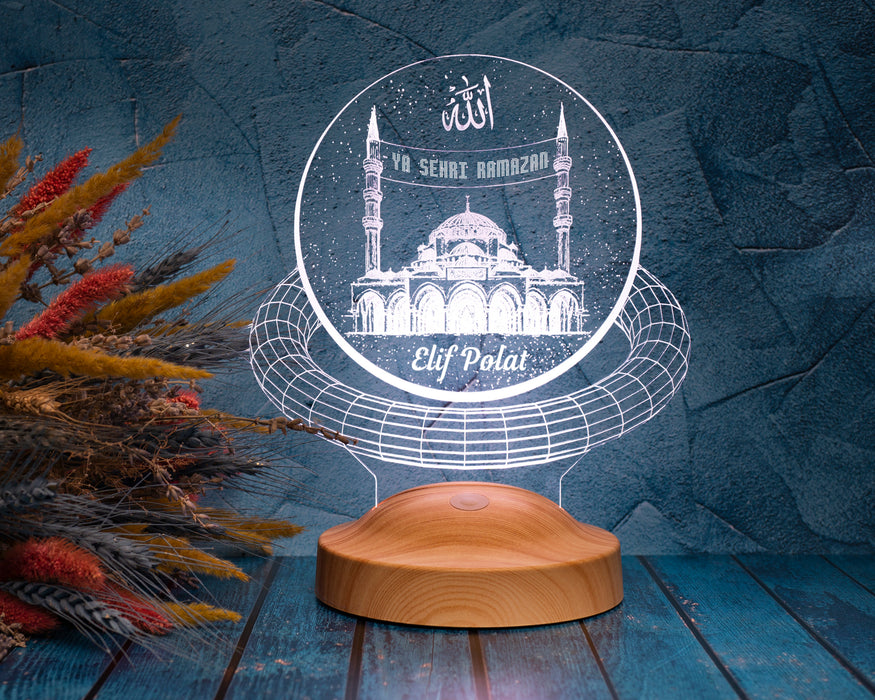 Camii ve Mahya Yazılı 3D LED Lamba – Kişiye Özel Ramazan Hediyesi