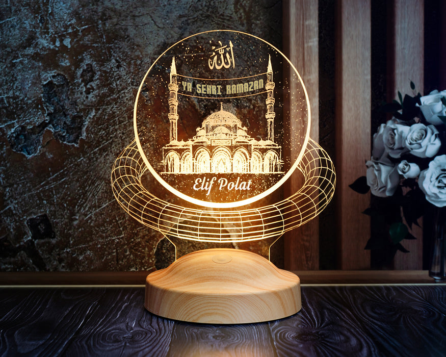 Camii ve Mahya Yazılı 3D LED Lamba – Kişiye Özel Ramazan Hediyesi