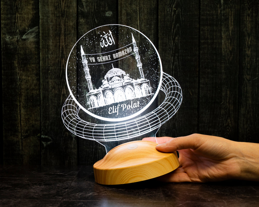 Camii ve Mahya Yazılı 3D LED Lamba – Kişiye Özel Ramazan Hediyesi