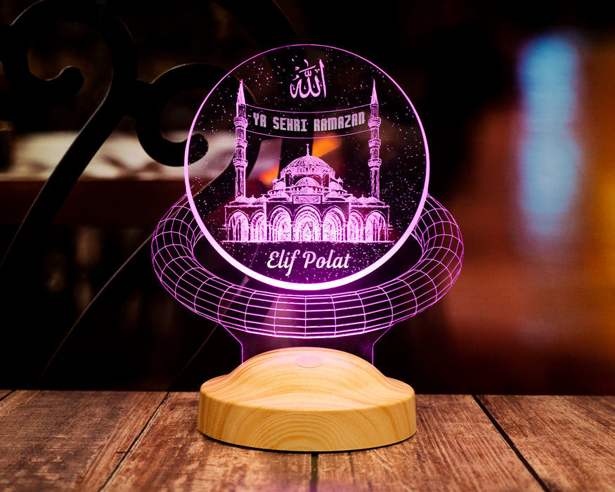 Camii ve Mahya Yazılı 3D LED Lamba – Kişiye Özel Ramazan Hediyesi