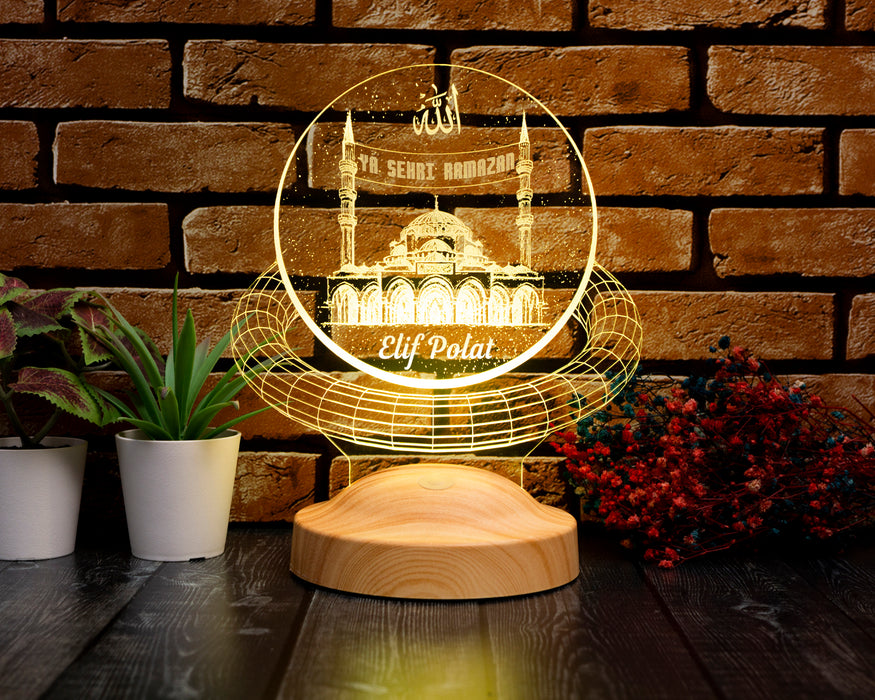 Camii ve Mahya Yazılı 3D LED Lamba – Kişiye Özel Ramazan Hediyesi
