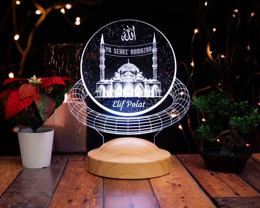 Camii ve Mahya Yazılı 3D LED Lamba – Kişiye Özel Ramazan Hediyesi