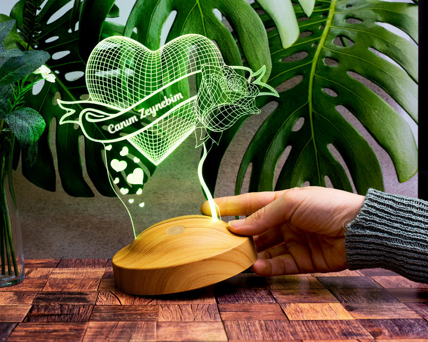 Kişiye Özel Gül Ve Kalp 3d Gece Lambası