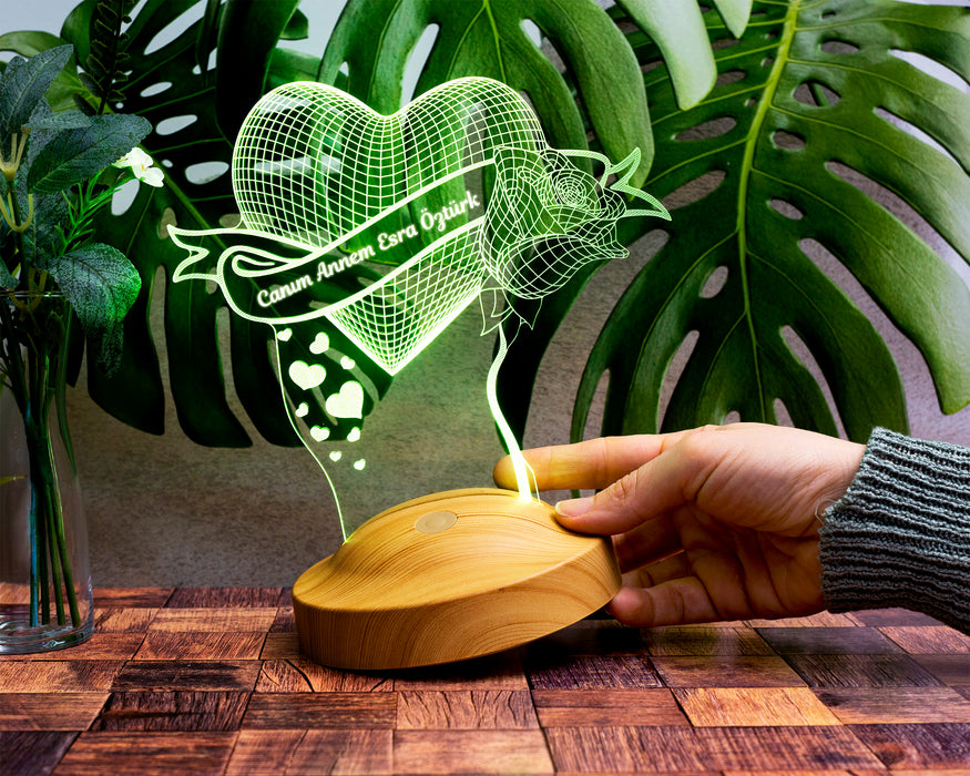 Canım Annem Kalp ve Gül Anneye Hediye, Anneler Günü Hediyesi 3D LED Lamba