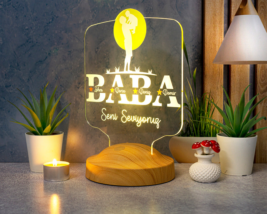 Babalar Günü Hediyesi, Kişiye Özel Babaya Hediye, Baba ve Çocuk Figürlü İsim Yazılı Led Lamba