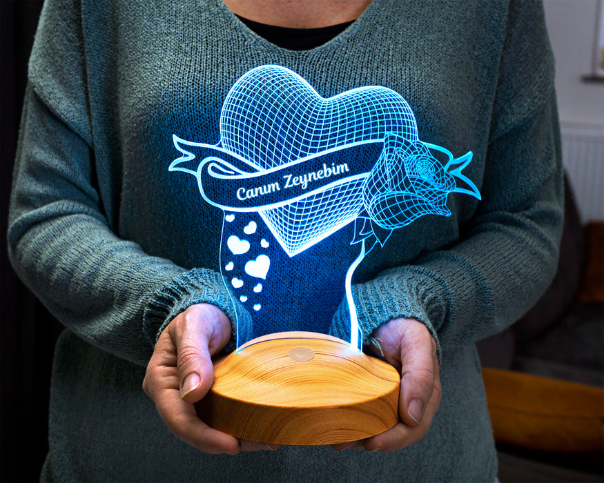 Kişiye Özel Gül Ve Kalp 3d Gece Lambası