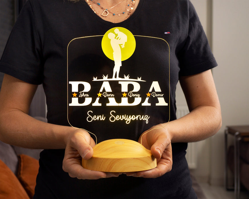 Babalar Günü Hediyesi, Kişiye Özel Babaya Hediye, Baba ve Çocuk Figürlü İsim Yazılı Led Lamba