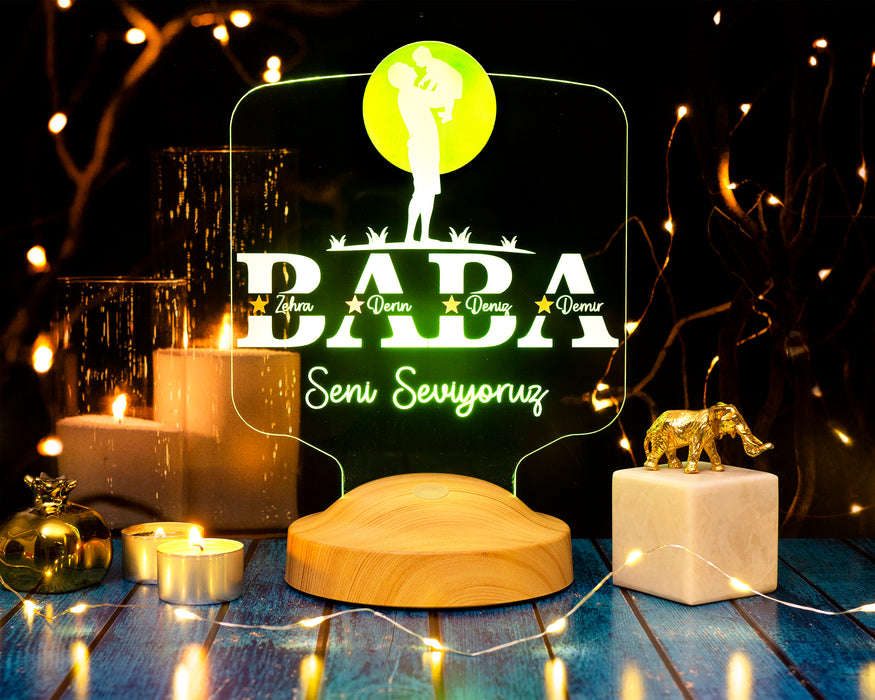 Babalar Günü Hediyesi, Kişiye Özel Babaya Hediye, Baba ve Çocuk Figürlü İsim Yazılı Led Lamba