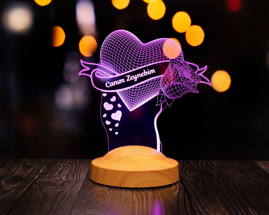 Kişiye Özel Gül Ve Kalp 3d Gece Lambası