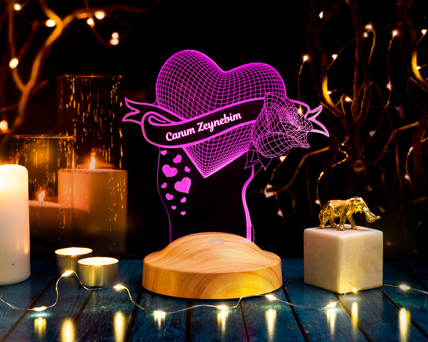 Kişiye Özel Gül Ve Kalp 3d Gece Lambası