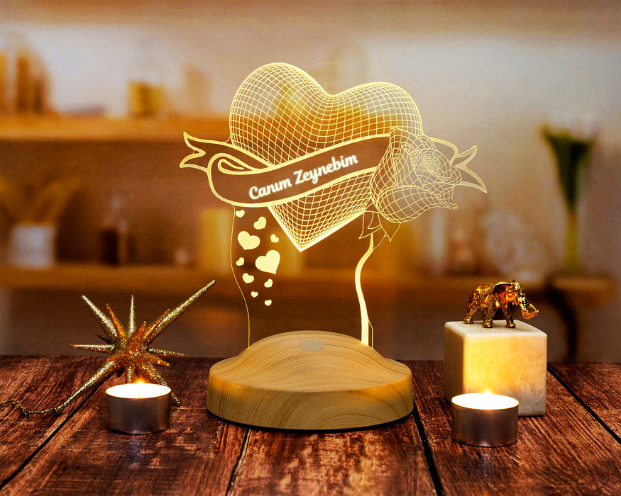 Kişiye Özel Gül Ve Kalp 3d Gece Lambası