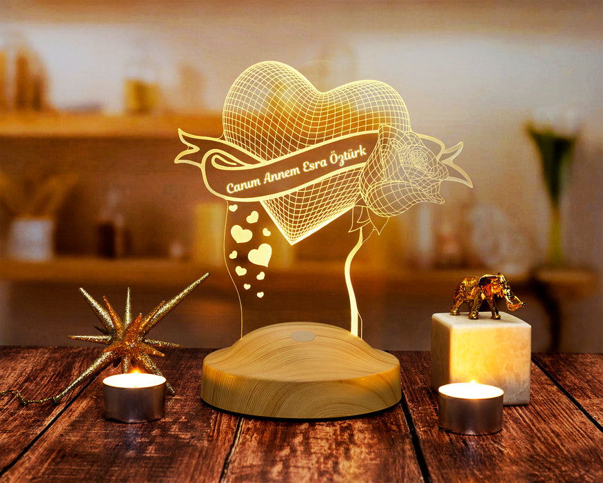 Canım Annem Kalp ve Gül Anneye Hediye, Anneler Günü Hediyesi 3D LED Lamba