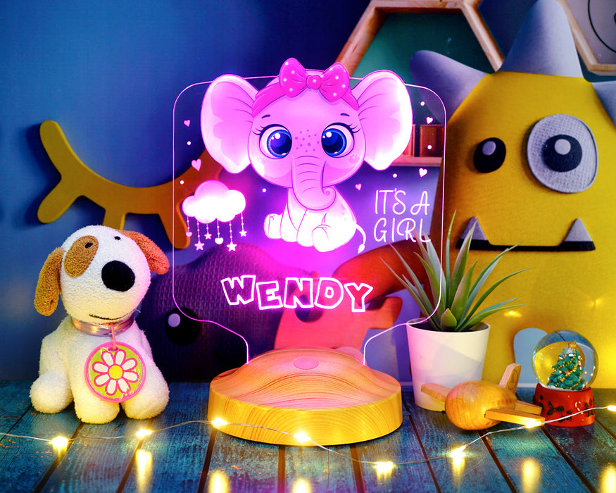 Çocuklara Özel Tatlı Fil Figürlü LED Gece Lambası – Erkek - Kız Çocuğuna İsimli Hediye