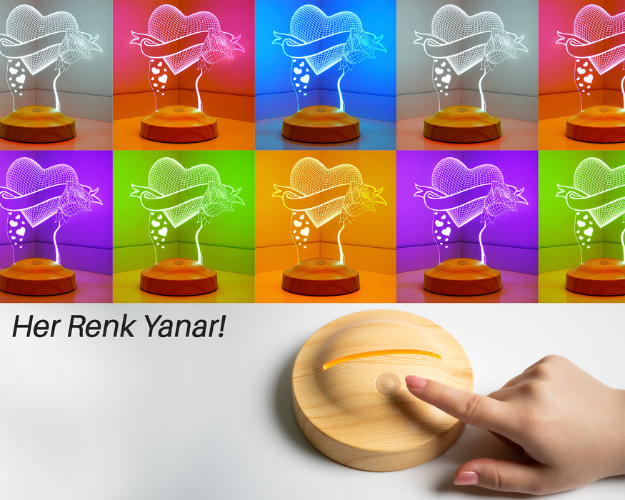 Canım Annem Kalp ve Gül Anneye Hediye, Anneler Günü Hediyesi 3D LED Lamba