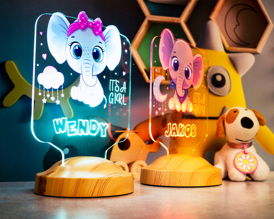 Çocuklara Özel Tatlı Fil Figürlü LED Gece Lambası – Erkek - Kız Çocuğuna İsimli Hediye