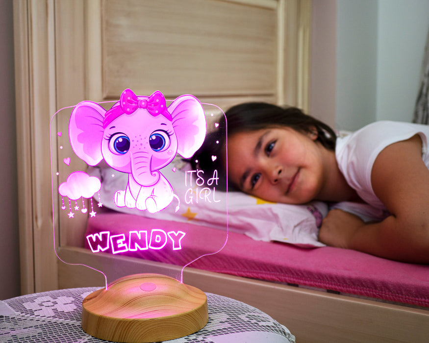 Çocuklara Özel Tatlı Fil Figürlü LED Gece Lambası – Erkek - Kız Çocuğuna İsimli Hediye