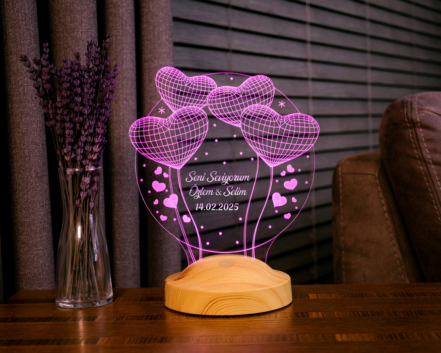 Kişiye Özel Sevgililer Günü Hediyesi 3 Boyutlu Balon Kalpler Küre Led Lamba