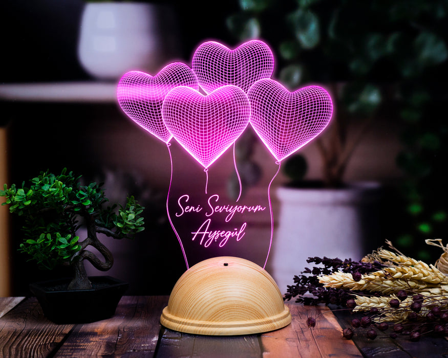 Sevgili Hediyesi Kişiye Özel 3 Boyutlu Kalpler Led Lamba