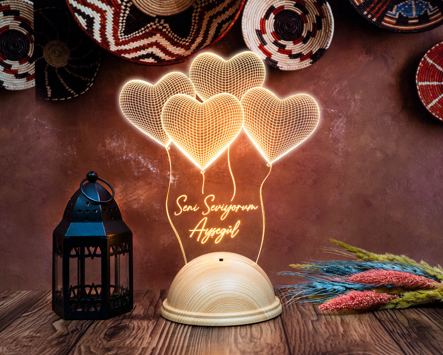 Sevgili Hediyesi Kişiye Özel 3 Boyutlu Kalpler Led Lamba