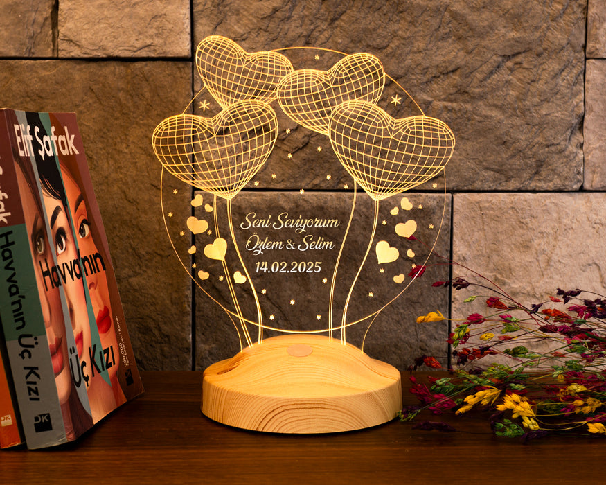 Kişiye Özel Sevgililer Günü Hediyesi 3 Boyutlu Balon Kalpler Küre Led Lamba