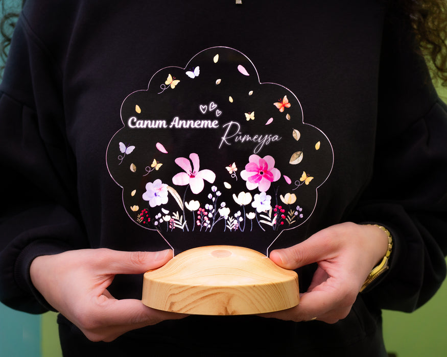 Canım Anneme – Renkli Çiçek Bahçesi LED Lamba | Kişiye Özel Anneler Günü Hediyesi