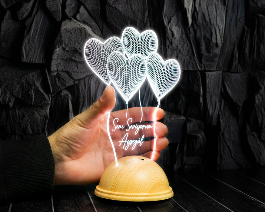 Sevgili Hediyesi Kişiye Özel 3 Boyutlu Kalpler Led Lamba
