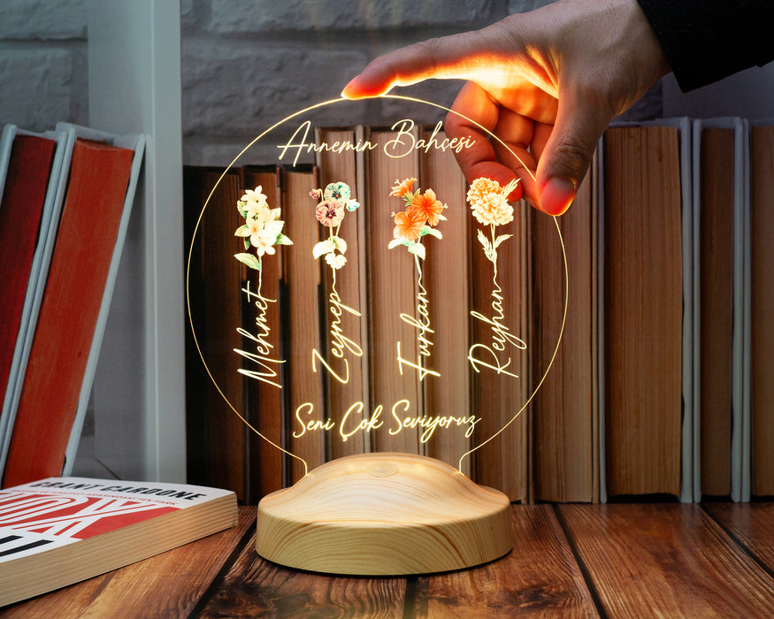 Annemin Bahçesi – Kişiye Özel Çiçekli Anneler Günü Hediyesi LED Lamba | Anneye & Kayınvalideye Hediye