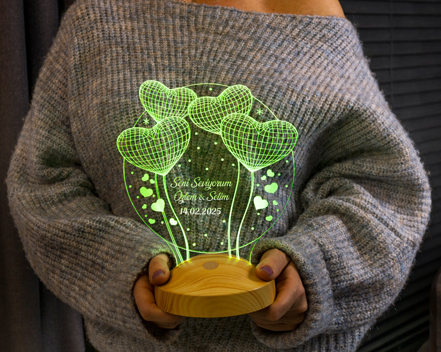 Kişiye Özel Sevgililer Günü Hediyesi 3 Boyutlu Balon Kalpler Küre Led Lamba