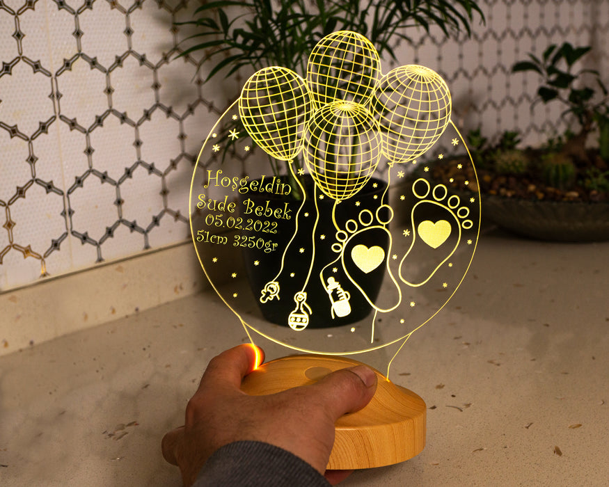 Hoş Geldin Bebek Hediyesi 3 Boyutlu Led Lamba, Bebek Görme Hediyesi, Yeni Doğan Bebek Hastane Hediyesi