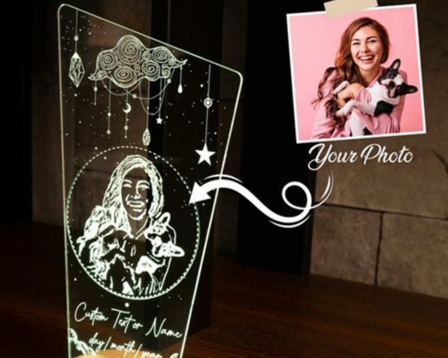 Karakalem Çizimli Tasarımlı Işıklı Fotoğraf Led Lamba, Kişiye Özel Hediye, Komidin Başucu Lambası, Evcil Hayvan Severlere Fotoğraflı Hediye, 3D Led Lamba