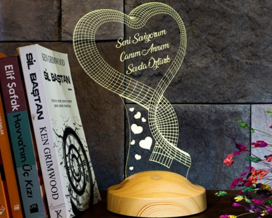 Kişiye Özel Tek Kalp Anneye Kalpli Hediye, Anneler Günü, Anne Hediyesi, 3 Boyutlu Led Lamba