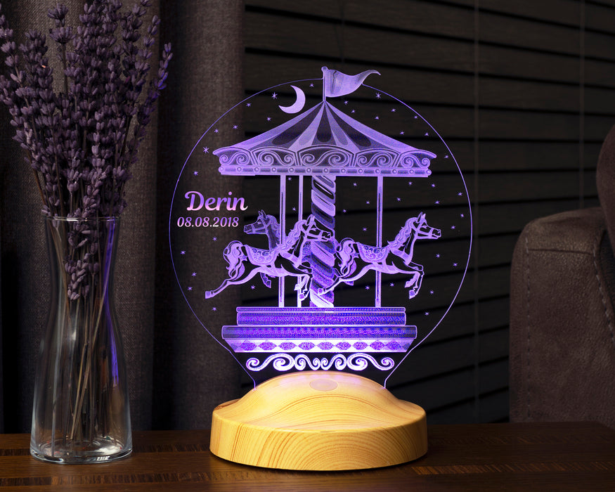Atlıkarınca Led Lamba, İsimli Nostaljik Atlı Karınca Çocuk Odası Hediyesi Gece Lambası, Carousel Dekoratif Hediye Led Lamba