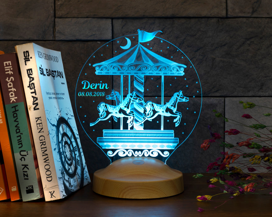 Atlıkarınca Led Lamba, İsimli Nostaljik Atlı Karınca Çocuk Odası Hediyesi Gece Lambası, Carousel Dekoratif Hediye Led Lamba