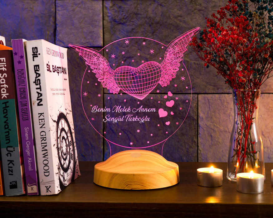 Anneler Günü Hediyesi, Annelere Hediye, Melek Kanatlı Kalp Anneye Hediye Kişiye Özel Led Lamba