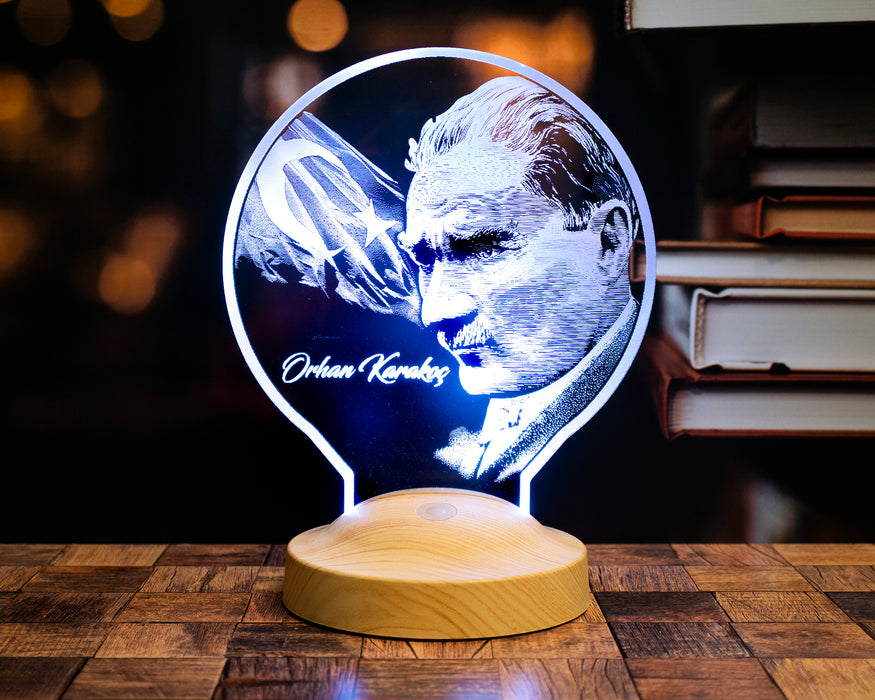 Mustafa Kemal Atatürk Görselli Hediye, İsimli Atatürk Görseli ve Türk Bayrağı Hediyesi Led Lamba