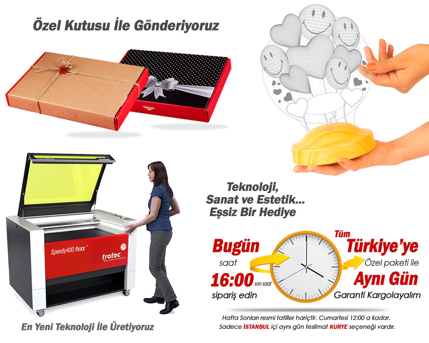 Kişiye Özel Sevgiliye, Eşe Hediye 3D Smiley Kalpler Küre Sevgililer Günü Hediyesi Led Lamba
