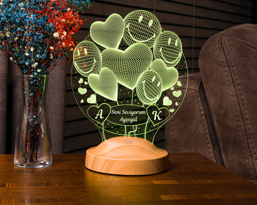 Kişiye Özel Sevgiliye, Eşe Hediye 3D Smiley Kalpler Küre Sevgililer Günü Hediyesi Led Lamba