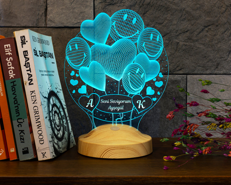 Kişiye Özel Sevgiliye, Eşe Hediye 3D Smiley Kalpler Küre Sevgililer Günü Hediyesi Led Lamba