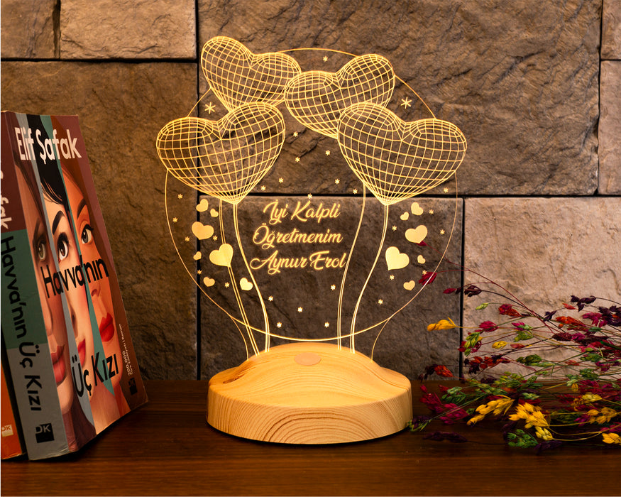 Öğretmenler Günü Hediyesi, Mezuniyet Hatıra Hediyesi, Öğretmene Hediye, Balon Kalpler, Kişiye Özel 3 Boyutlu Led Lamba