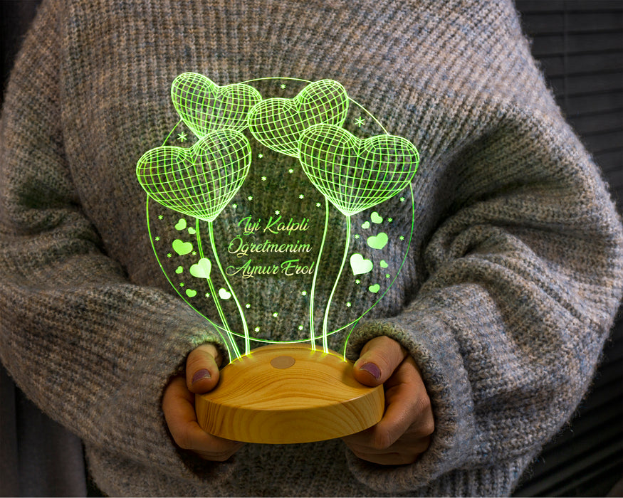 Öğretmenler Günü Hediyesi, Mezuniyet Hatıra Hediyesi, Öğretmene Hediye, Balon Kalpler, Kişiye Özel 3 Boyutlu Led Lamba