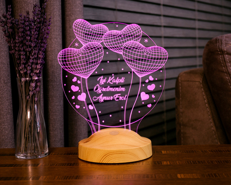 Öğretmenler Günü Hediyesi, Mezuniyet Hatıra Hediyesi, Öğretmene Hediye, Balon Kalpler, Kişiye Özel 3 Boyutlu Led Lamba